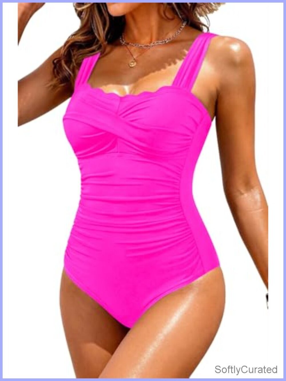 Tummy Control One Piece Swimsuit - Scalloped Square Neck Ruched Slimming